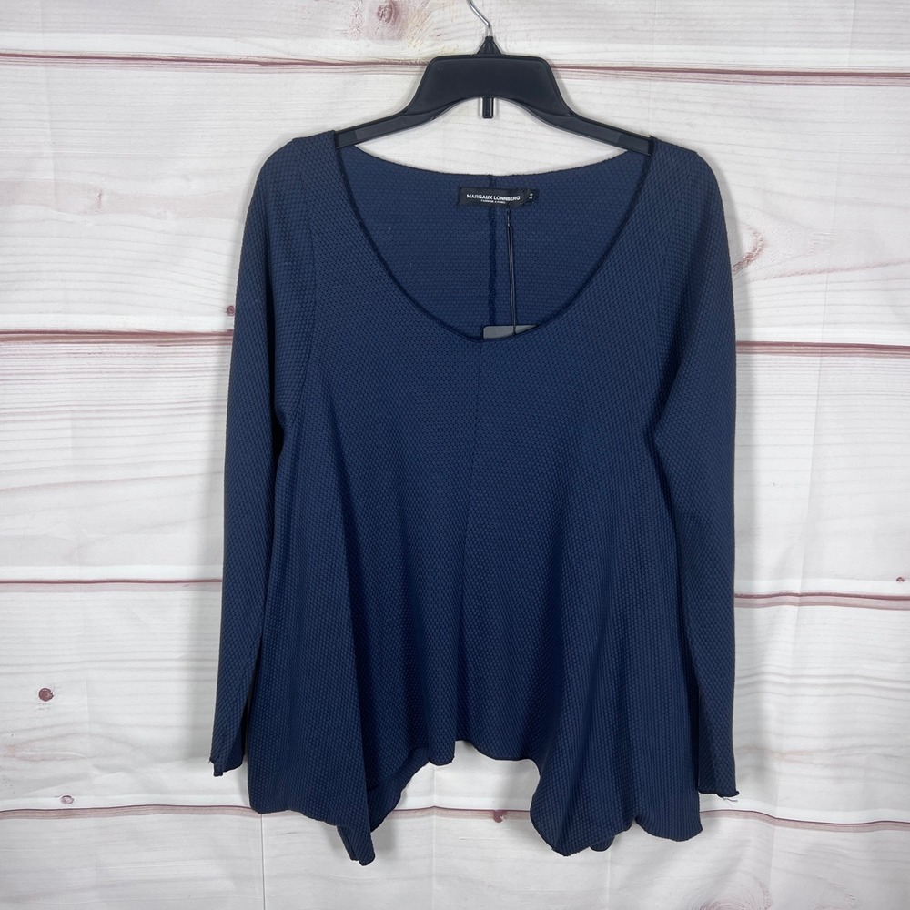Margaux Lonnberg Top Women XS 34 Blue Jules Long Sleeve Waffle Knit Scoop Neck